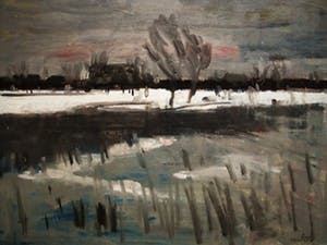 Niet of onleesbaar gesigneerd - Sfeervol impressionistisch Winterlandschap bij ondergaande zon - gesigneerd kopen? Bied vanaf 1!