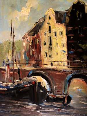 Jan Kelderman - Omstreeks 1950 geschilderd olieverf - Amsterdam boten in de de Brouwersgracht verkocht voor € 10!