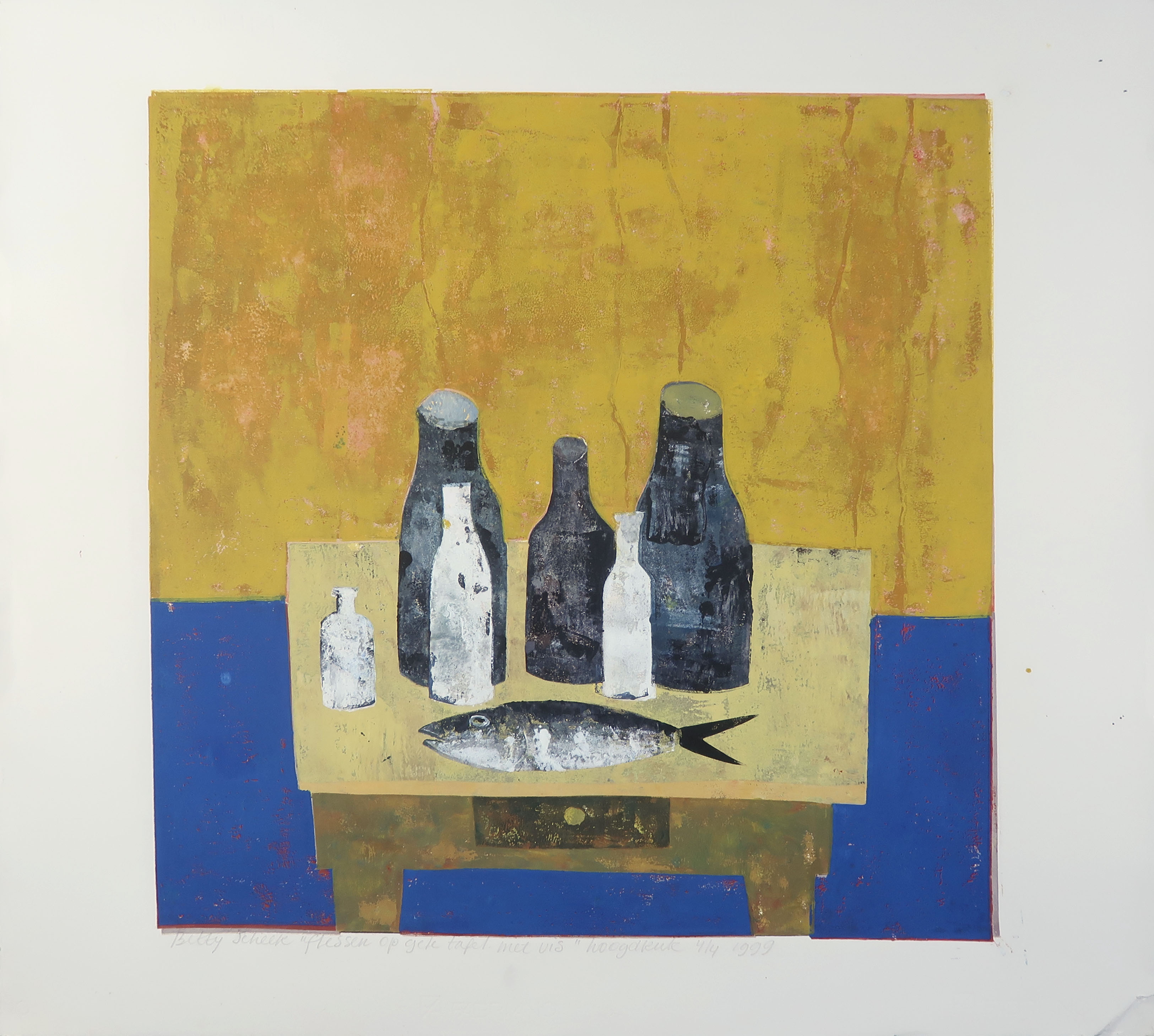 Betty Scheer - Linosnede, Flessen op gele tafel met vis kopen? Bied vanaf 35!