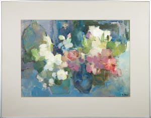 Hetty Mertz - Gouache, Stilleven met roze+witte bloem - Ingelijst kopen? Bied vanaf 1!