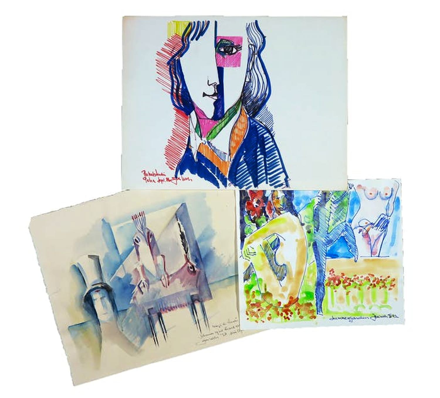 Joe Wols - Lot van drie aquarel- en stifttekeningen, Figuren kopen? Bied vanaf 1!