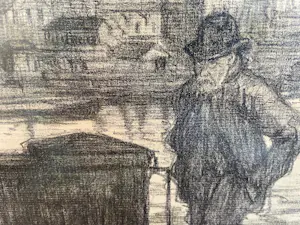 Niet of onleesbaar gesigneerd - Eind 19e eeuws- begin 20e eeuws Houtskool tekening van industrieel landschap kopen? Bied vanaf 10!