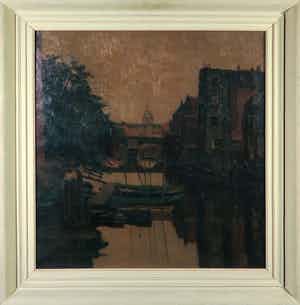 Frans Vollmer - Olieverf op doek, Stadsgezicht van Dordrecht - Ingelijst verkocht voor € 100!