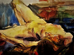 Bob ten Hoope - Grote expressionistische Aquarel "Naakte vrouw liggend op bed" gesigneerd kopen? Bied vanaf 63!