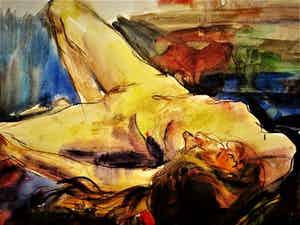 Bob ten Hoope - Grote expressionistische Aquarel "Naakte vrouw liggend op bed" gesigneerd verkocht voor € 63!