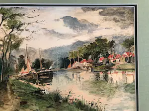 Clement Bezemer - zicht op dorpje aan rivier met afgemeerde boten (in dubbel passe partout) kopen? Bied vanaf 30!