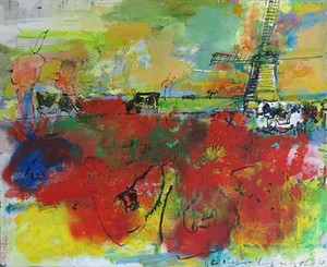 Tino Lintelo - Olieverf op doek, Rood landschap - Ingelijst (Groot) kopen? Bied vanaf 200!