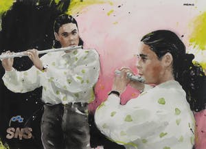 Wil van der Laan - Gemengde techniek op papier, Meisje op dwarsfluit - Ingelijst kopen? Bied vanaf 150!