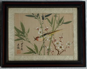 Niet of onleesbaar gesigneerd - Acryl op doek , Japan , Vogel in bloesemtak – ingelijst kopen? Bied vanaf 1!