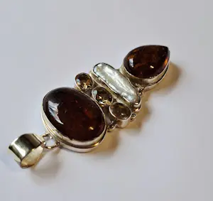 zilveren Hanger met facet geslepen citrien en Amber en oester streepparel kopen? Bied vanaf 70!