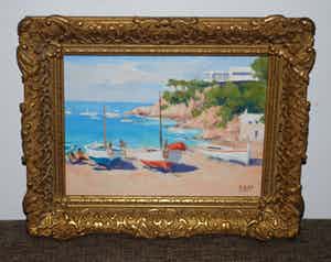 Niet of onleesbaar gesigneerd - Bootjes aan de Middelandse Zee - olieverfschilderij verkocht voor € 10!