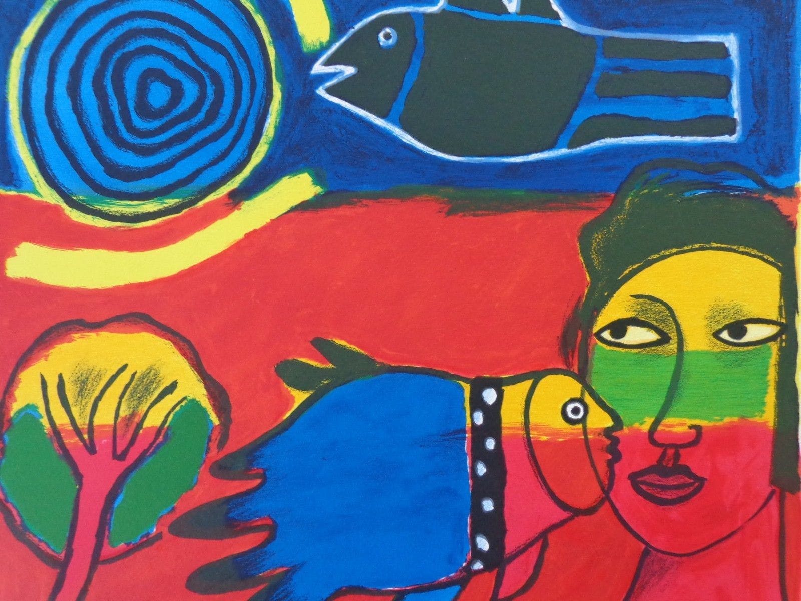 Corneille - VROUWENHOOFD & VOGELS / KLEURLITHO / 60x69cm / SIG 2003 kopen? Bied vanaf 175!