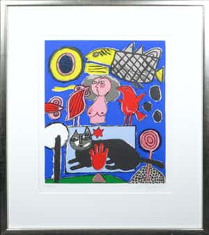 Corneille - Zeefdruk, Chat noir - Ingelijst verkocht voor € 150!