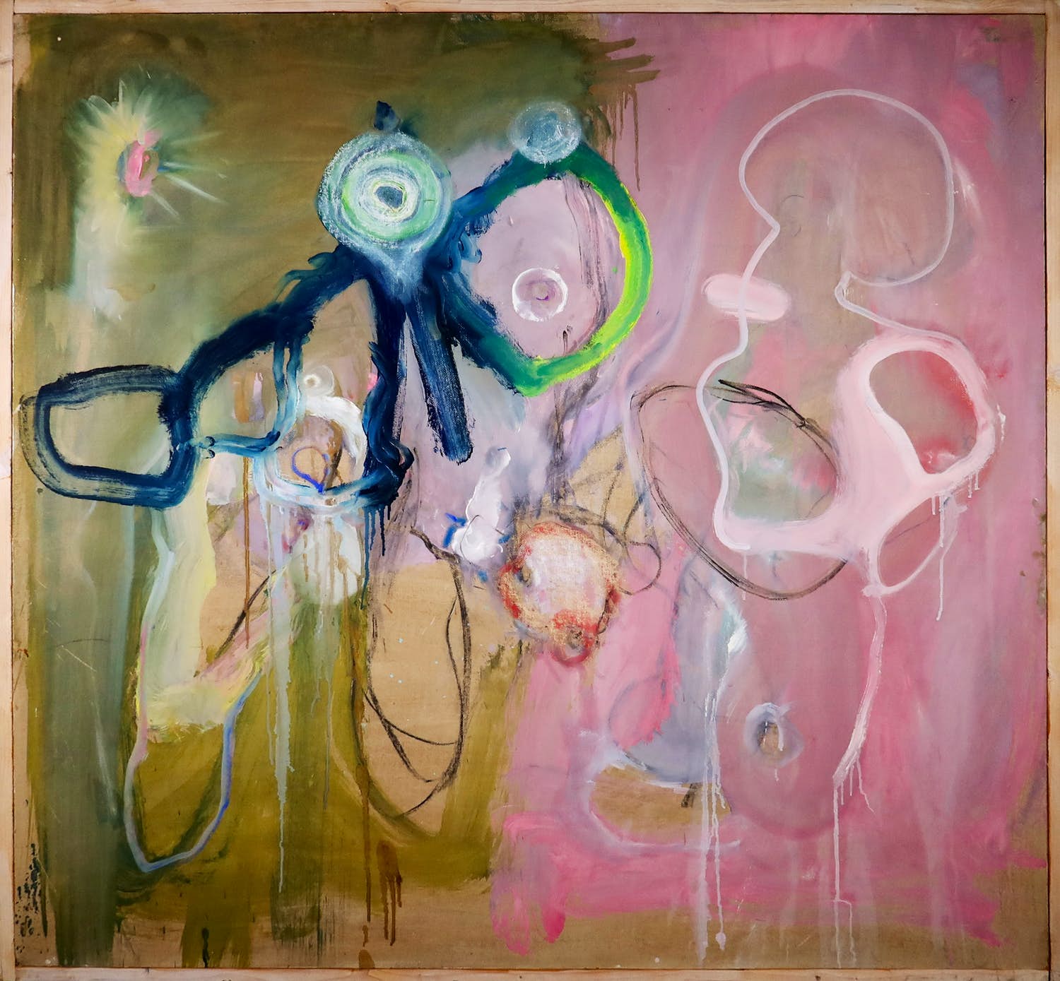 Jan Hoogervorst - Olieverf op paneel, Compositie in roze en groen met blauw - Ingelijst (Zeer Groot) verkocht voor € 150!