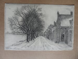 Louis Landre - Potlood met houtskooltekening, Oude bomen langs de dijk van Buiksloot. kopen? Bied vanaf 25!