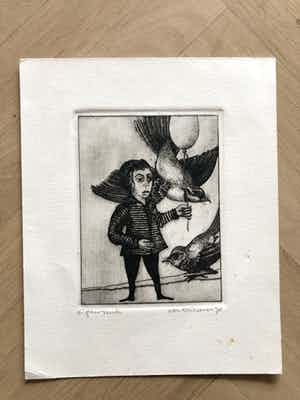 Hans van Draanen - Hans van Draanen: Figuur met vogel -ets 1976- verkocht voor € 35!