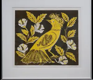 Jeanne Bieruma Oosting - Ingelijste houtsnede: gele vogel kopen? Bied vanaf 399!