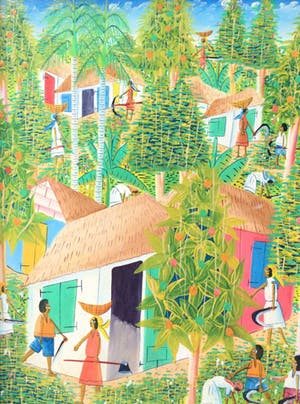 Niet of onleesbaar gesigneerd - C4125-9 - Naïeve voorstelling van dorpje in de jungle kopen? Bied vanaf 10!