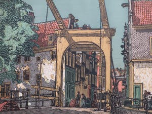 Wilm Wouters - Hollandse stad met ophaalbrug en figuren - Kleurenhoutsnede kopen? Bied vanaf 40!