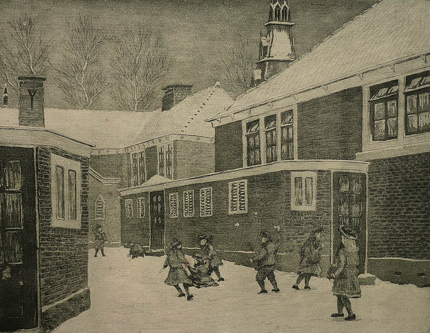 Casper Marinus Kouw - leuke - omstreeks 1920 - droge naald Ets "sneeuwballen gooien" potloodgesigneerd kopen? Bied vanaf 25!