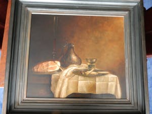 Peer Verrijt - klassiek stilleven, met kan, ham, tinnen bord, roemer, champagne flute, kleed kopen? Bied vanaf 350!