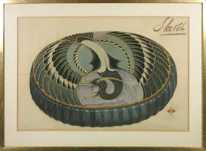 J. Brandt & Zoon - Gouache, Ontwerptekening voor een decoratief kussen met reigermotief - Ingelijst kaufen? Bieten Sie von 1!