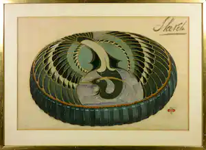 J. Brandt & Zoon - Gouache, Ontwerptekening voor een decoratief kussen met reigermotief - Ingelijst verkauft für € 45!
