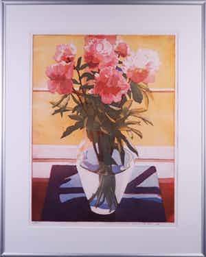 Marcel Schellekens - Kleurenets, Pioenrozen met gele achtergrond - Ingelijst (Groot) verkocht voor € 110!