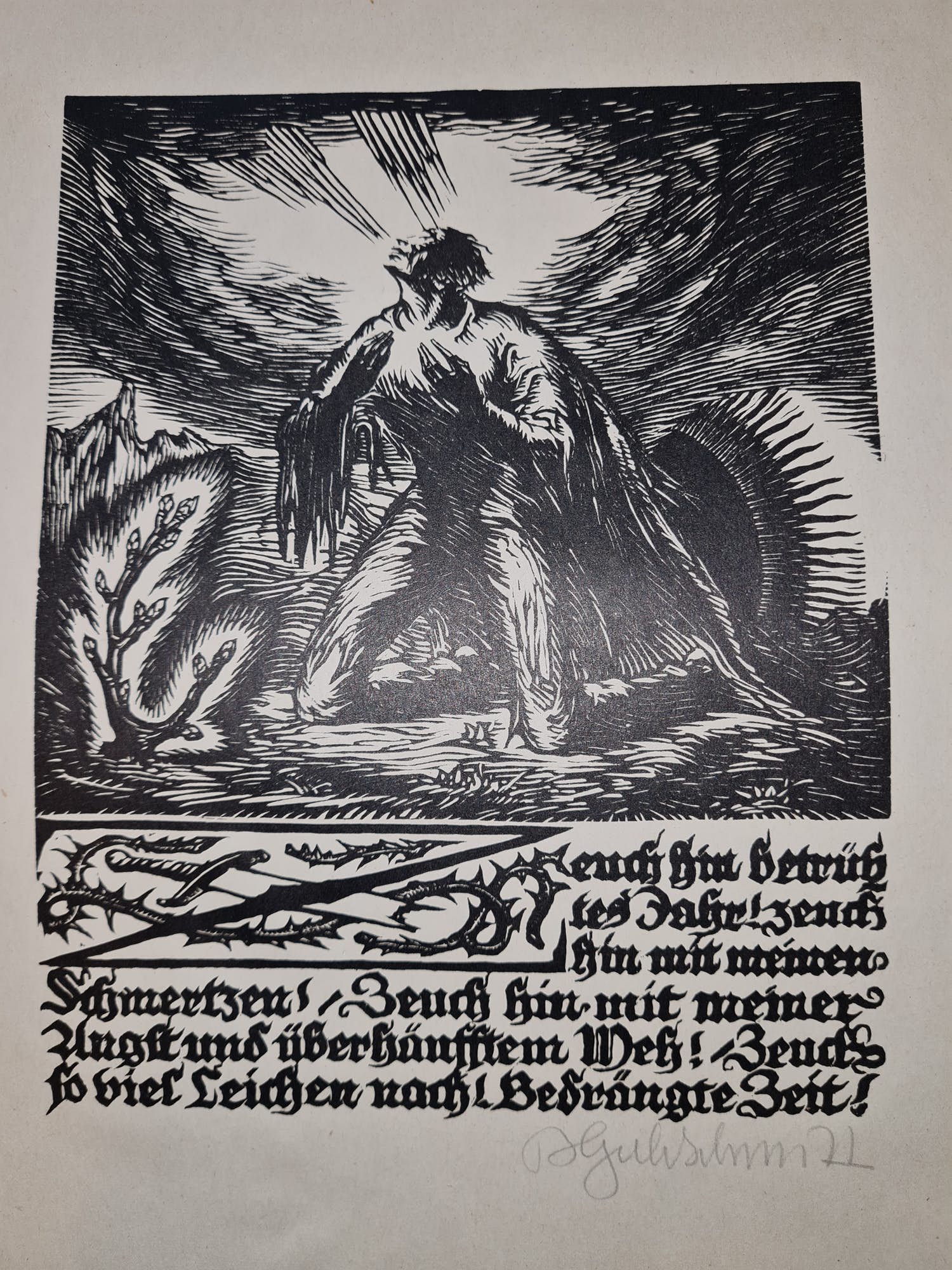 Bruno Goldschmitt - orig. Holzschnitt mit Spruch / Klage nach Krieg kopen? Bied vanaf 95!