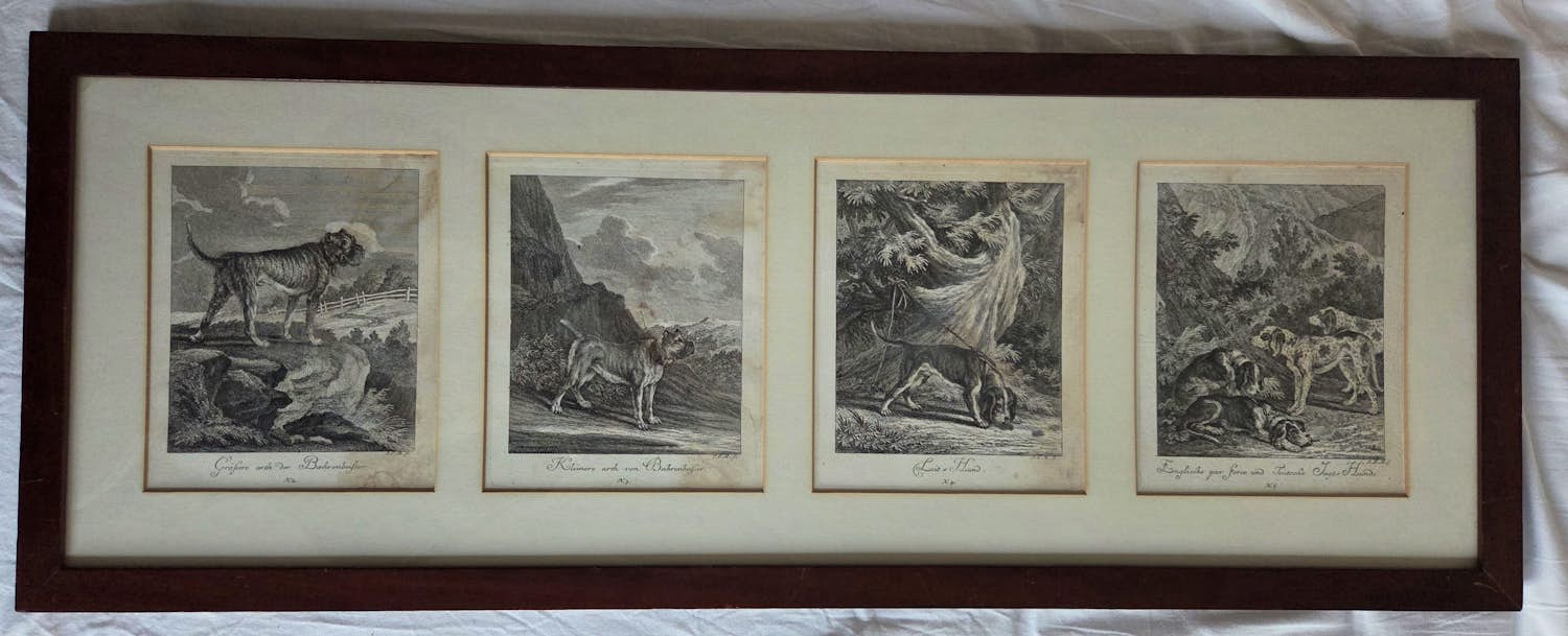 Johann Elias Ridinger - Vier gravures. Jachthonden. Ingelijst. kopen? Bied vanaf 160!