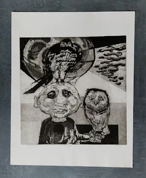 Jan van Helden - Monochrome Ets&Aquatint "iedereen meent zijn uil..." zeer kleine oplage(20) kopen? Bied vanaf 37!