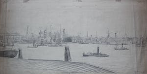 Eugene Rensburg - Potloodtekening: de Maas - gracht vanaf de Westerkade - 1913 kopen? Bied vanaf 55!