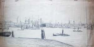 Eugene Rensburg - Potloodtekening: de Maas - gracht vanaf de Westerkade - 1913 verkocht voor € 55!