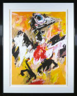 Charlotte Molenkamp - Zeefdruk, Vogel in geel - Ingelijst verkocht voor € 80!