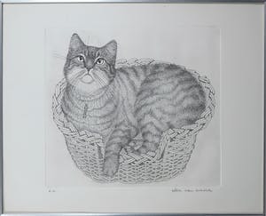 Ella van Schaik - Ets, Kat in mand - Ingelijst kopen? Bied vanaf 20!