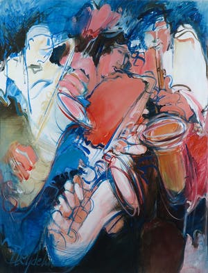 Bernadette Leijdekkers - Acryl op papier, Saxofonisten - Ingelijst (Groot) kopen? Bied vanaf 70!