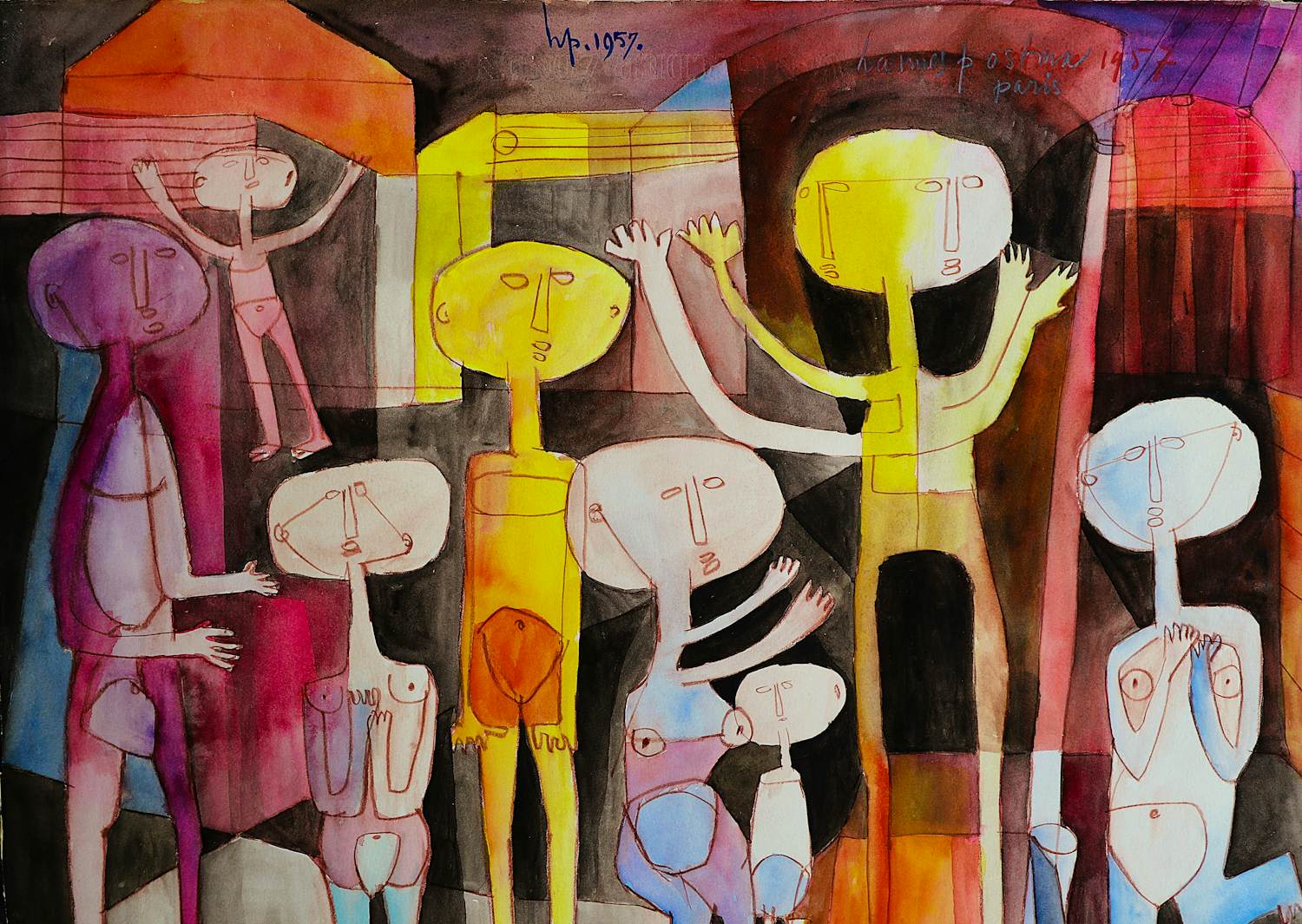 Hannes Postma - Zeer vroege (1957) "Parijse periode" aquarel "figuren" - gesigneerd kopen? Bied vanaf 83!