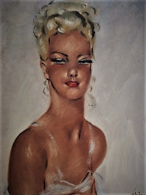 Niet of onleesbaar gesigneerd - ORIGINEEL 1950's Amerikaans Olieverf "Pin-Up girl" gesigneerd verkocht voor € 1!