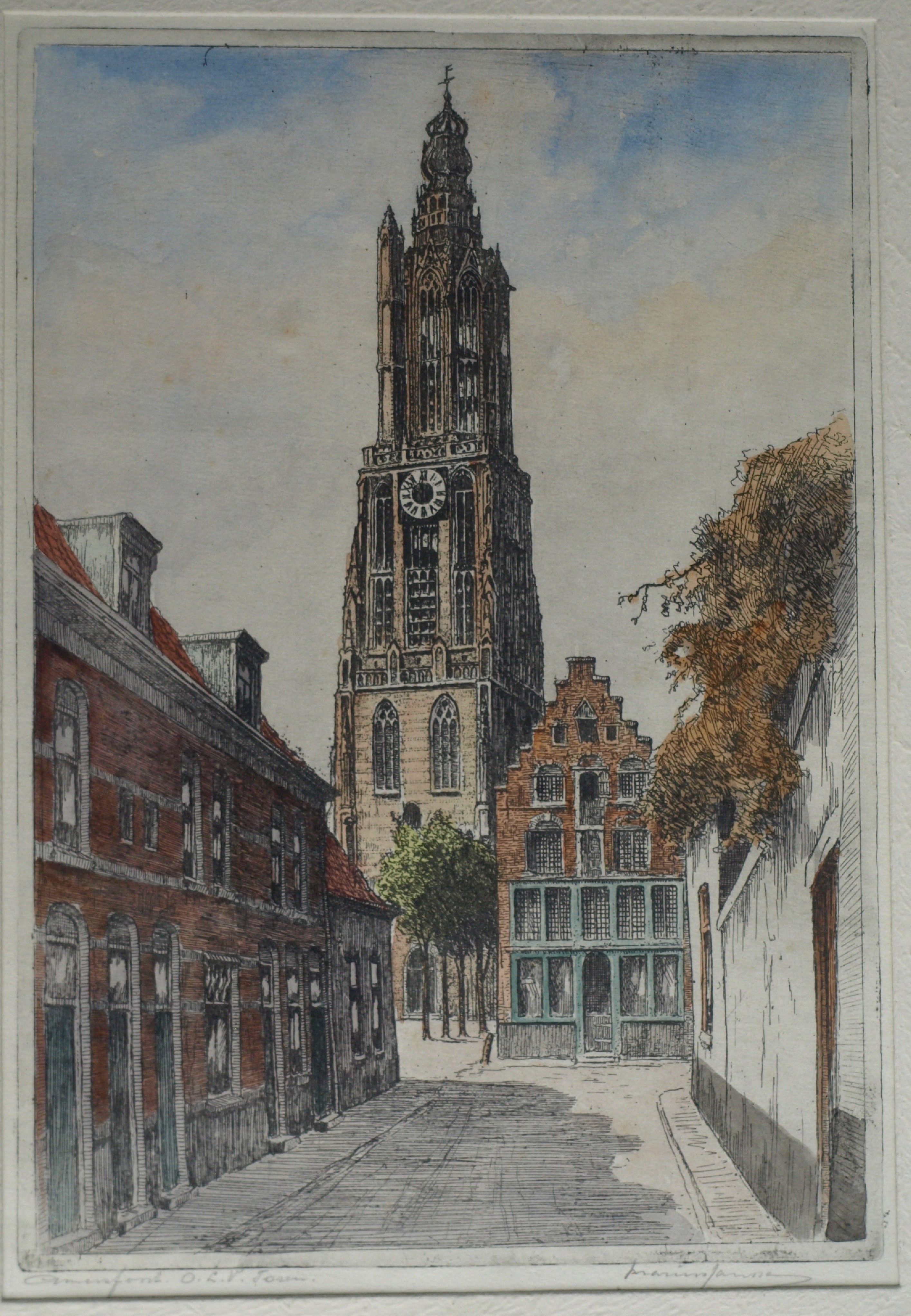 Marius Johannes Janssen - Ets , Onze Lieve Vrouwetoren Amersfoort – Gesigneerd en ingelijst – ca 1935 kopen? Bied vanaf 30!