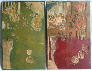 Fon Klement - De 2 dubbelzijdige houten drukblokken van de houtsnede ‘Pioenrozen en appels’ kopen? Bied vanaf 60!