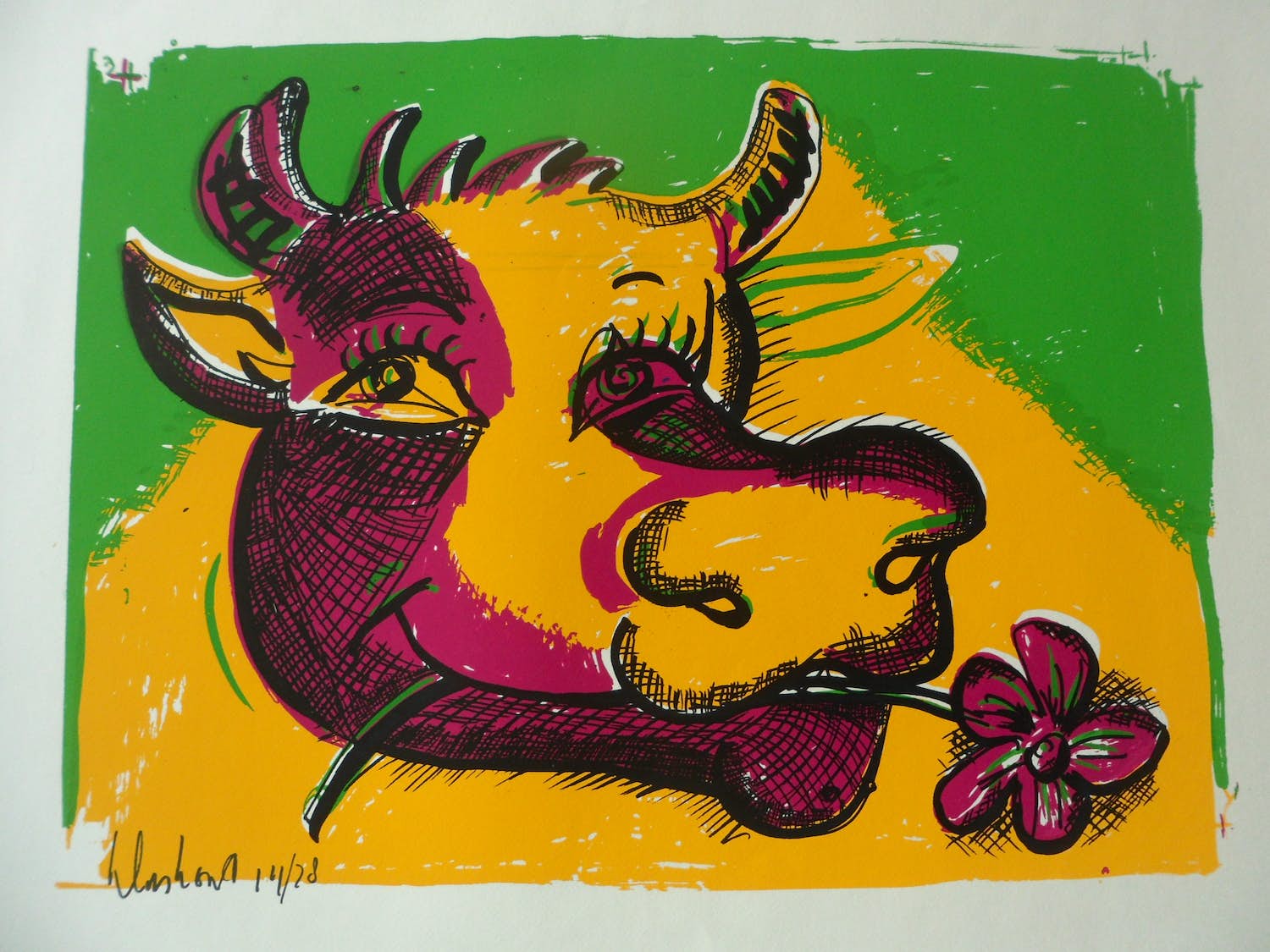 Peter Klashorst - Zeefdruk. Cow paars groen geel verkocht voor € 35!