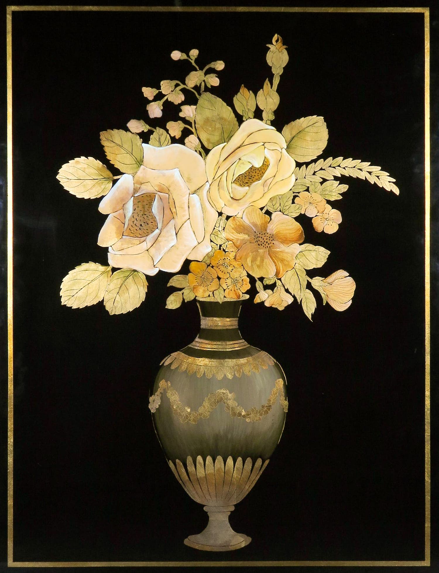 Niet of onleesbaar gesigneerd - Beschilderd decoratief lakpaneel, Vaas met bloemen (Groot formaat) kopen? Bied vanaf 1!