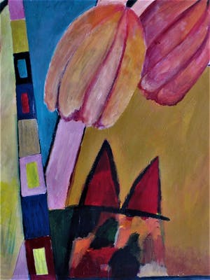 Fenneke van der Elst - GROOT Acrylverf / papier Schilderij "Tulpen" gesigneerd en fraai gelijst kopen? Bied vanaf 10!