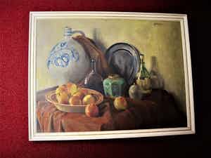 Jan van Deursen - Indrukwekkend (groot) en gevarieerd Stilleven "Appels Flessen op kleed" gesig verkocht voor € 10!