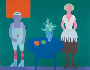 Buy Jan Roëde - Litho, Twee figuren, tafel, vaas en fruit? Bid from 100!