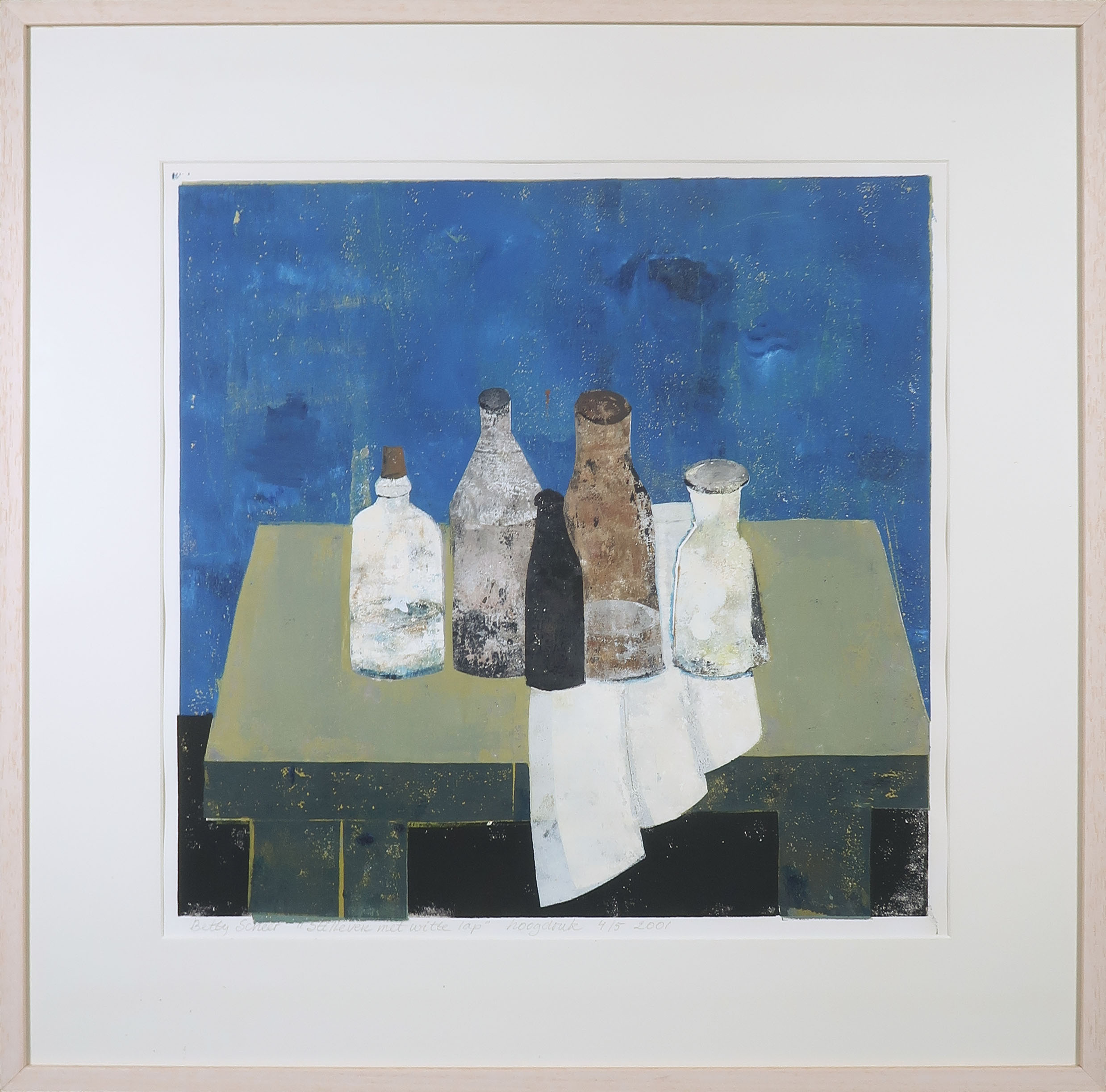 Betty Scheer - Linosnede, Stilleven met witte lap - Ingelijst verkocht voor € 40!