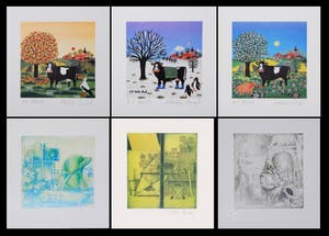 Volker Ritters - e.a: zes handgesigneerde zeefdrukken: Alchemist, Uitzicht, Landschap, Koe I-III kopen? Bied vanaf 15!