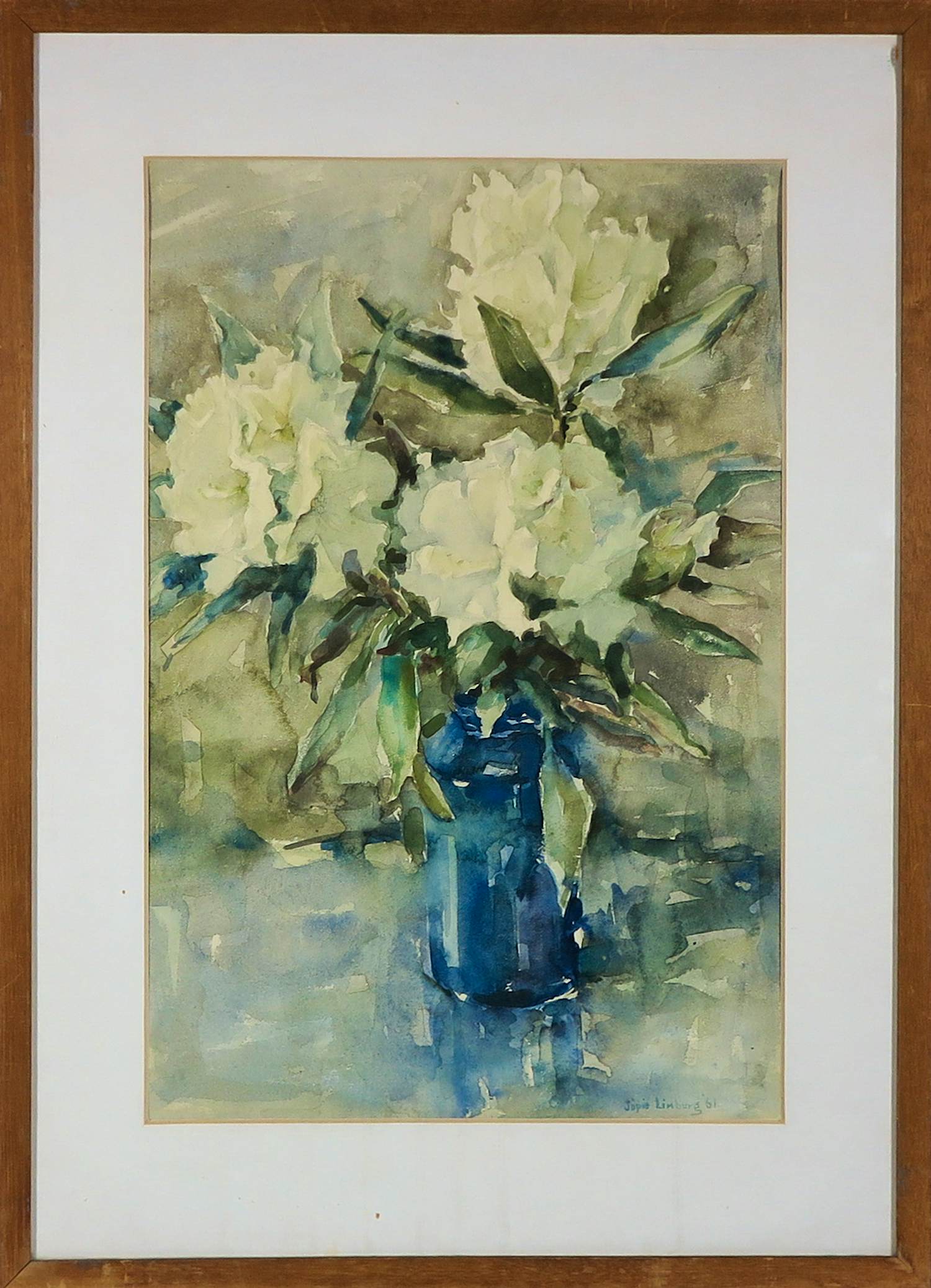 Buy Jopie Limburg - Aquarel, Witte bloemen in blauwe kan - Ingelijst? Bid from 50!