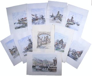 Jan van Delft - Lot, Diverse Aquarellen van Winterse Molens, Gebouwen en Boten kopen? Bied vanaf 1!