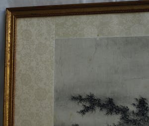 Niet of onleesbaar gesigneerd - Ingelijste zw/w inkttekening / aquarel , Japan? China? , Landschap kopen? Bied vanaf 1!